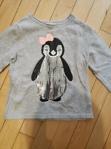 H & M Gray Sequined Penguin Long Sleeve thin cotton Pull On Sweater Size 2-4 Y - Picture 1 of 3