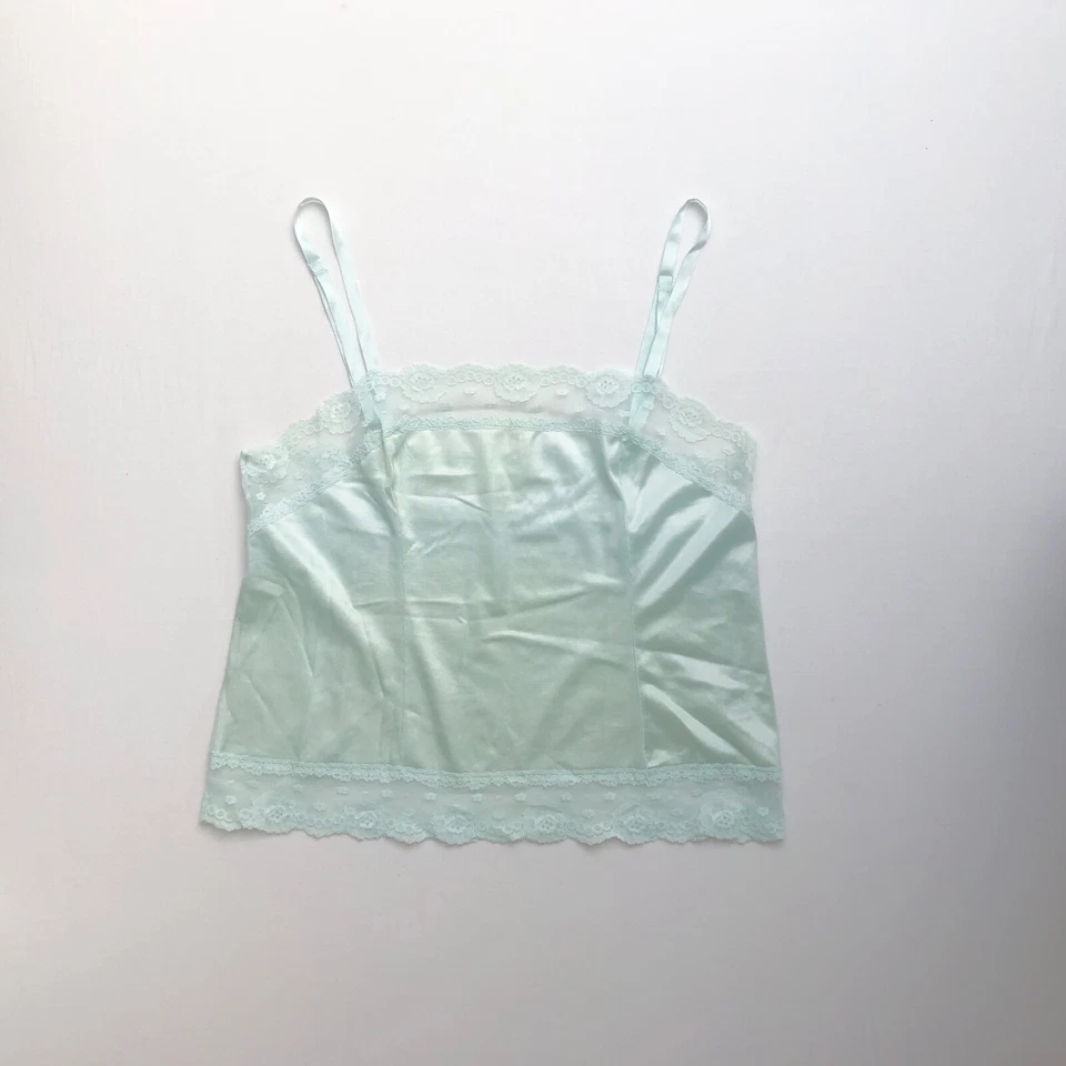 Camiseta sin mangas corta vintage de nailon verde aguamarina de encaje lencería con correa de espagueti M Foto 1 de 4