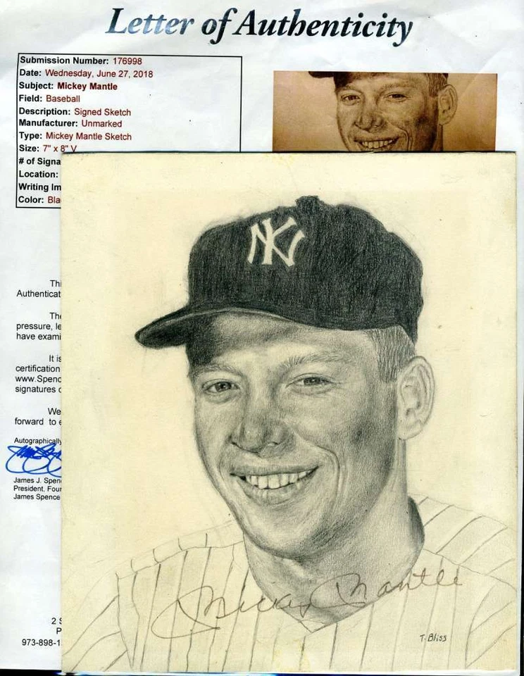 Mickey Mantle Hand Drawn Jsa Loa Autograph 7x9 Photo  Hand Signed Authentic - Image 1 of 1