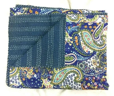 Kantha 被子手工床罩特大号床单蓝色佩斯利棉毯 — 第 1/3 张图片