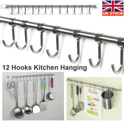 12 Hooks Kitchen Wall Mounted&Cupboard Bathroom Utensil Hanging Rack Holder Tool