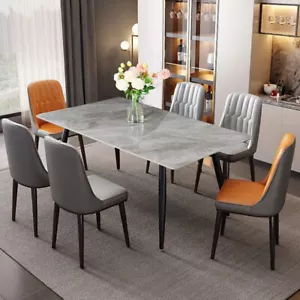 Glossy Gray/ White Real Marble Dining Table with Solid Carbon Steel Base Modern - Picture 1 of 20