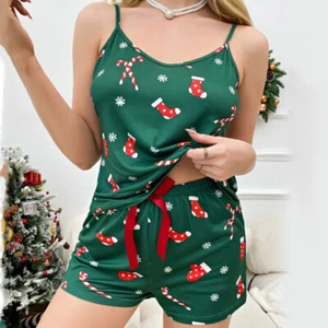 Holiday Satin Camisole Shorts Suit Womens Cami Pajamas Set Silky Sexy Lingerie - Picture 1 of 18