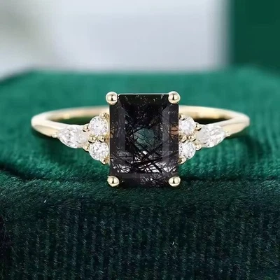Emerald Cut Natural Black Rutile Quartz  Moissanite Engagement Ring 925 silver - Image 1 of 4