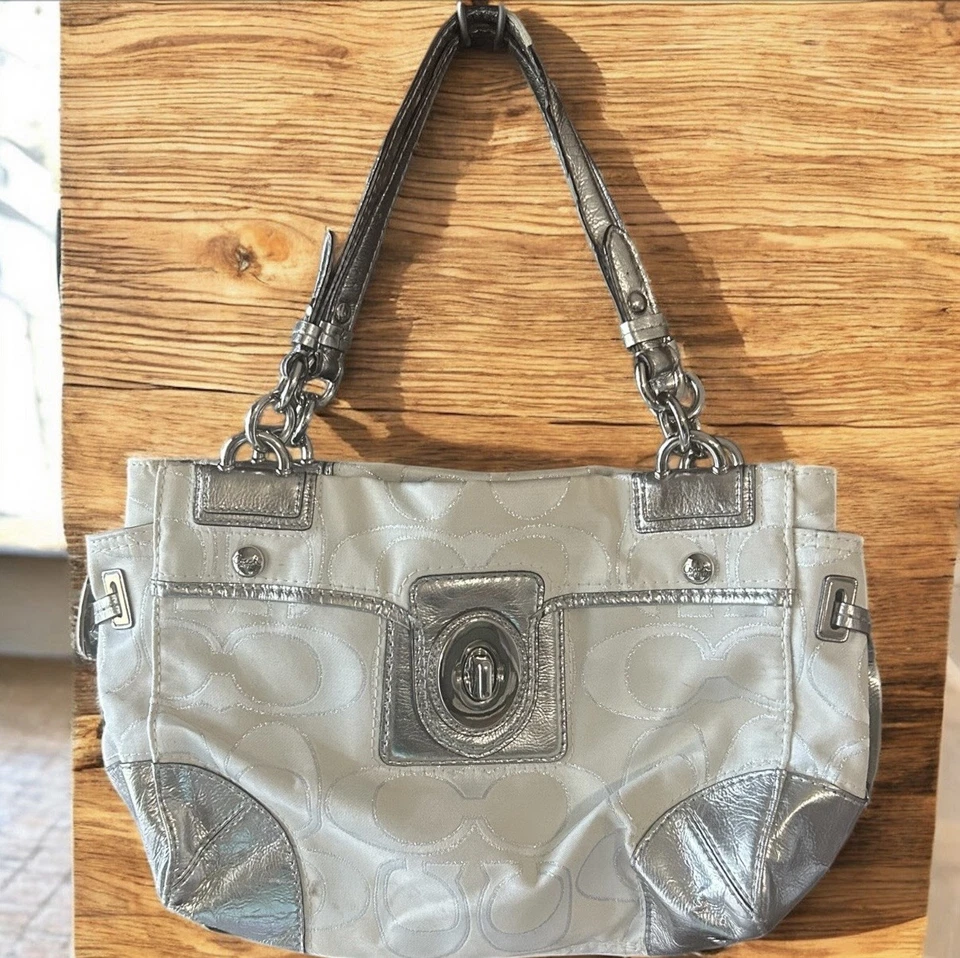 Coach Metallic Silver Leather Double Handle Canvas Satchel Purse See Photos - Image 1 of 4