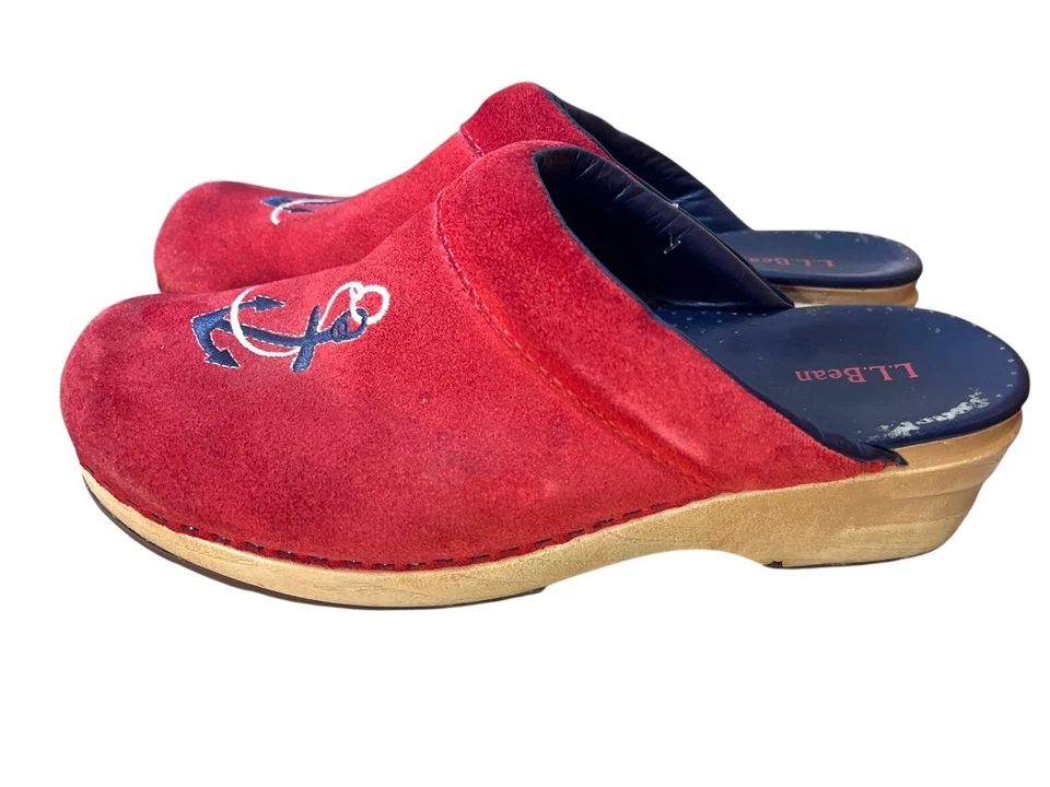 L L Bean Women’s Embroidered Anchor Red Suede Slides Clogs Mules Size 9 M Wood - Image 1 of 4