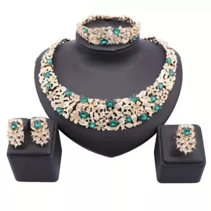 Lujoso conjunto de joyas de piedras preciosas verdes para mujer-collar, pulsera, pendientes y anillo - Imagen 1 de 20