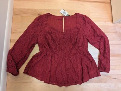 1 Camisa Top Peplum Manga Larga Forrada de Encaje de Vino Tórrido 1X 14 16 Foto 1 de 4