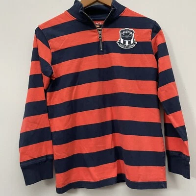 Childrens Place Boys 10/12 Long  Sleeve Orange/Blue Striped 1/4 Zip Rugby Shirt - Image 1 of 4
