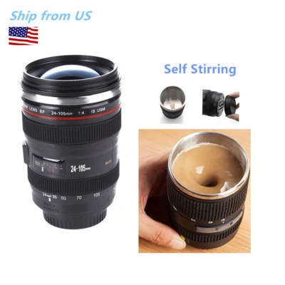 Self Stirring Camera Lens EF 24-105mm Thermos Travel Tea Coffee Mug USA