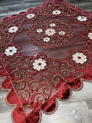 embroidery table cover Set 4 pic Fully velvet Bead Handmade Christmas Tablecloth - Image 1 of 4