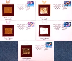 1992 Winter Olympics - COMPLETE SERIES OF ALL 5! - 22kt Gold Replica Stamps - Picture 1 of 13