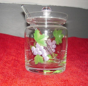 Grapes & Etched Clear Glass Marmalade/Jelly Jar w/Matching Lid & Serving Spoon - Picture 1 of 12