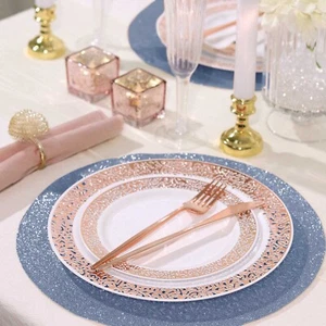6 DUSTY BLUE 13" Round Glittered Faux Leather PLACEMATS Wedding Decorations - Picture 1 of 8