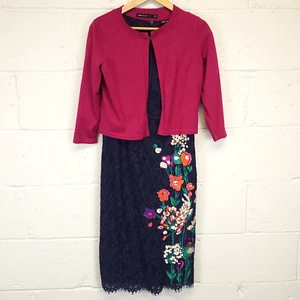 Karen Millen Crochet Dress + Cardigan UK 10 / USA 6 Navy Floral Bodycon Pristine - Picture 1 of 13