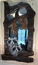 Hand Carved Raccoon Log Home Mirror  Chainsaw Carving Rustic Cabin Folk Art OOAK