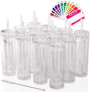 12-Pack 16oz Clear Skinny Tumblers with Lid and Straw: Double Wall Acrylic Cups - Picture 1 of 4