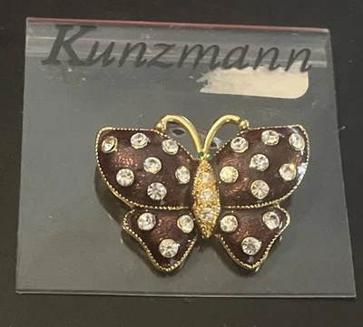 Prendedor mariposa Kunzmann tono dorado cristal claro y verde esmalte púrpura nuevo  Foto 1 de 4