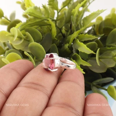 Joia anel feita à mão solitário mãe pedra preciosa rodolita prata esterlina 925 - Imagem 1 de 4