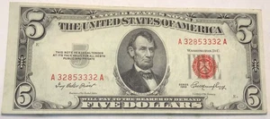 1953 No Letter $5 Five Dollar United States Red Seal Note White & Crisp - Picture 1 of 2
