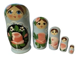 New Blue Art Babushka Nesting Doll 5pc Tallest 4" 100% Natural Linden Wood - Picture 1 of 4