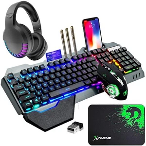 2.4G Wireless Gaming Keyboard Mouse and Bluetooth Headset Set RGB Backlit PC PS4 - Picture 1 of 14