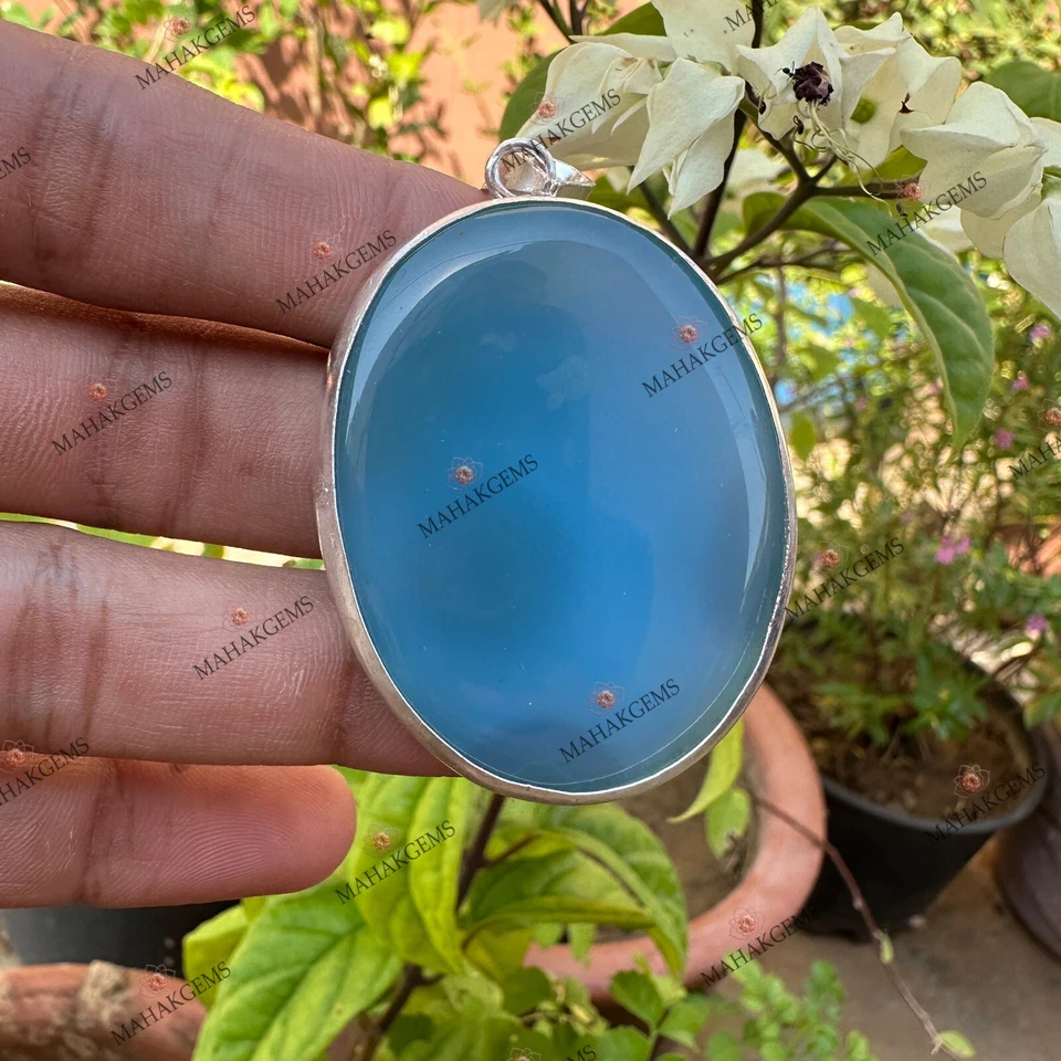 Colgante de plata 925 pulido liso calcedonia azul 123,30 quilates certificado natural Foto 1 de 4