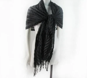 Wrap Scarf Black with Metallic Silver Stripes Chevron Textured 74 x 24 A242 - Imagen 1 de 7
