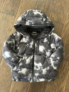 ZARA Boys Size 7 Black Grey Tiedye Hooded Puffer Zip-up Jacket EUC - Picture 1 of 10