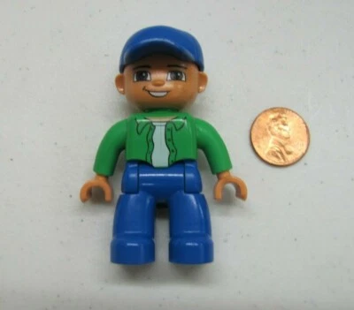 Lego Duplo Father Man Dad Worker In Green Shirt & Blue Cap 2.5" Figure Rare! - Image 1 of 3