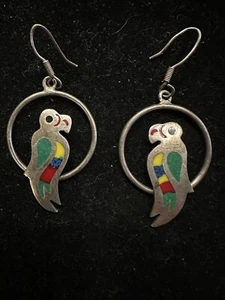 Taxco Mexico Sterling Silver Crushed Multi-Stone Inlay Parrot Earrings - Picture 1 of 6