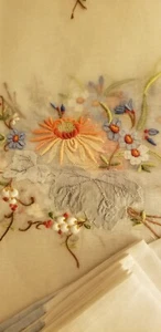 Vintage Madeira organdy hand embroidered floral flowers tablecloth and 6 napkins - Picture 1 of 19