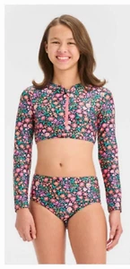 Art Class Girls Floral Print Zip Up Long Sleeve Swim Top Only - Picture 1 of 3