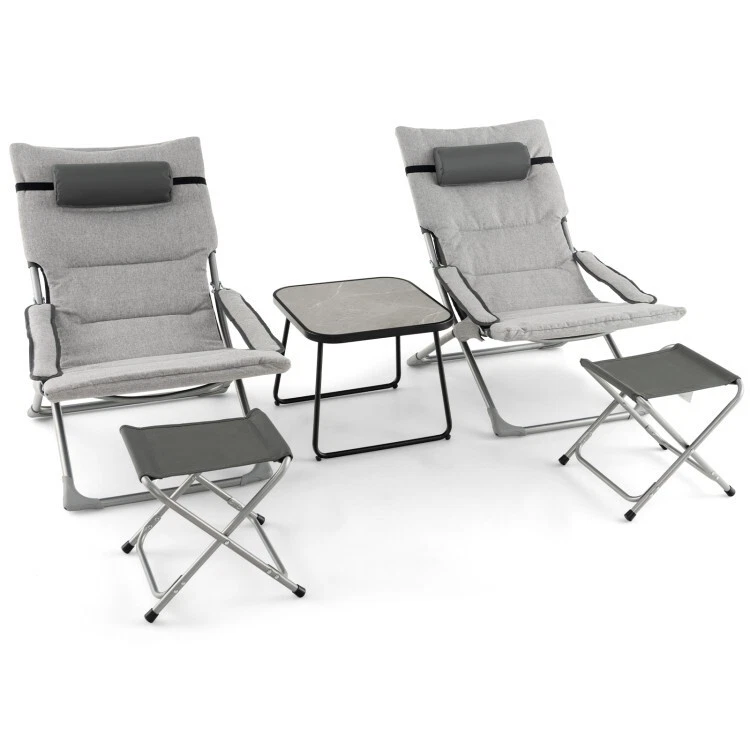 5PCS Outdoor Sling Chair Set Folding Lounge Chairs With Footrests & Coffee Table - Image 1 of 4