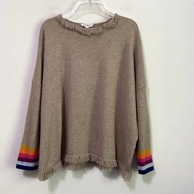 Suéter THML Tejido Top M Flecos Borde Tostado Pullover Cuello Barco Arco Iris Rayas Puño Foto 1 de 4