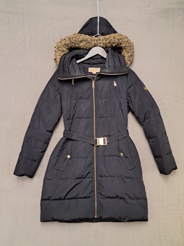 MICHAEL KORS Donna Finiture in Pelliccia Finta Cappuccio Tampone Cappotto Cintura Parka Piccolo Nero