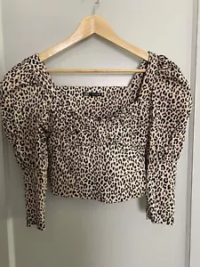 Zara Trendy Leopard Print Square Neck Puffy Sleeve Crop Top Sz S - Picture 1 of 5