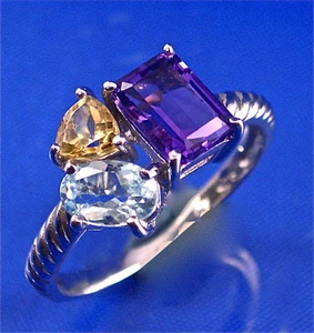 STERLING SILVER 3-STONE MULTI SHAPE & COLOR GEMSTONE RING, SZ-7,1.20CTS - Picture 1 of 4