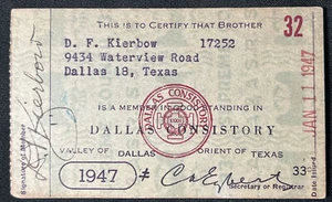 1947 Dallas Consistory TEXAS Tarjeta de miembro masónica membresía - Imagen 1 de 6