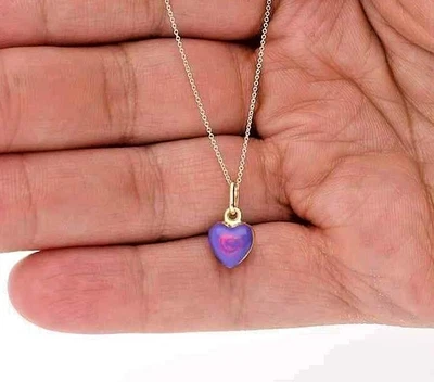 Collar de cadena con cable de 1 mm colgante de corazón de esmalte púrpura de oro amarillo de 14k 16-18" Foto 1 de 4