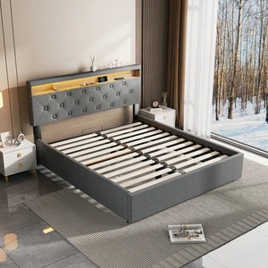 Polsterbett 160x200cm Doppelbett Bettgestell mit Bettkasten USB/ LED-Licht - Bild 1 von 19