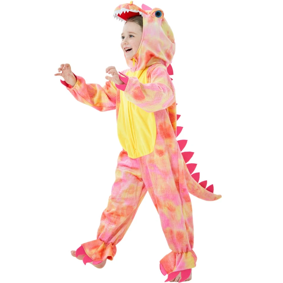 Niños T-Rex Dinosaurio Disfraz Mameluco con Capucha Mono Vestido Elegante S/100, Rosa Foto 1 de 4