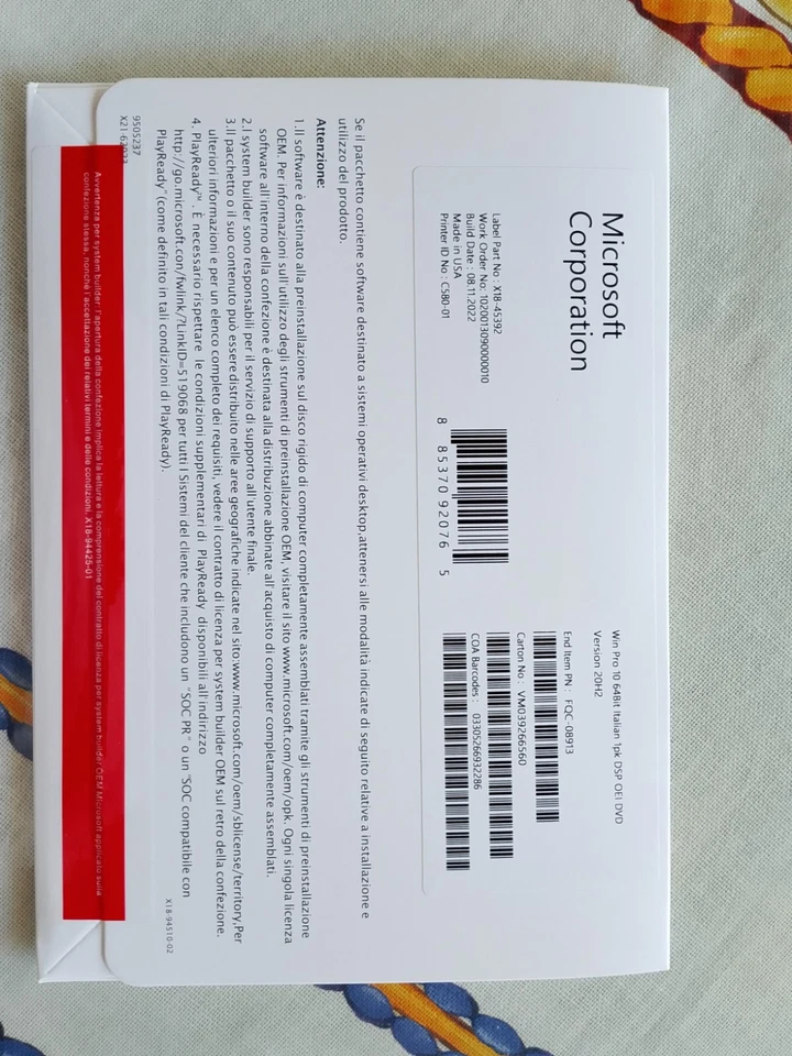 Software MICROSOFT Windows 10 Pro 1 PACK 64Bit ITALIANO OEI DVD BOX - ORIGINALE - Immagine 1 di 3