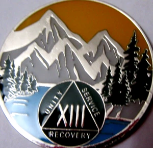 Mountain Blue green Alcoholics Anonymous 13 year AA silver Medallion Coin Token - Picture 1 of 9