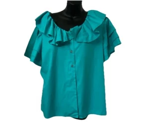 Vintage 70s Sunny South Women 20 Turquoise SouthWestern Shirt USA Ruffled Whimsy - Bild 1 von 6