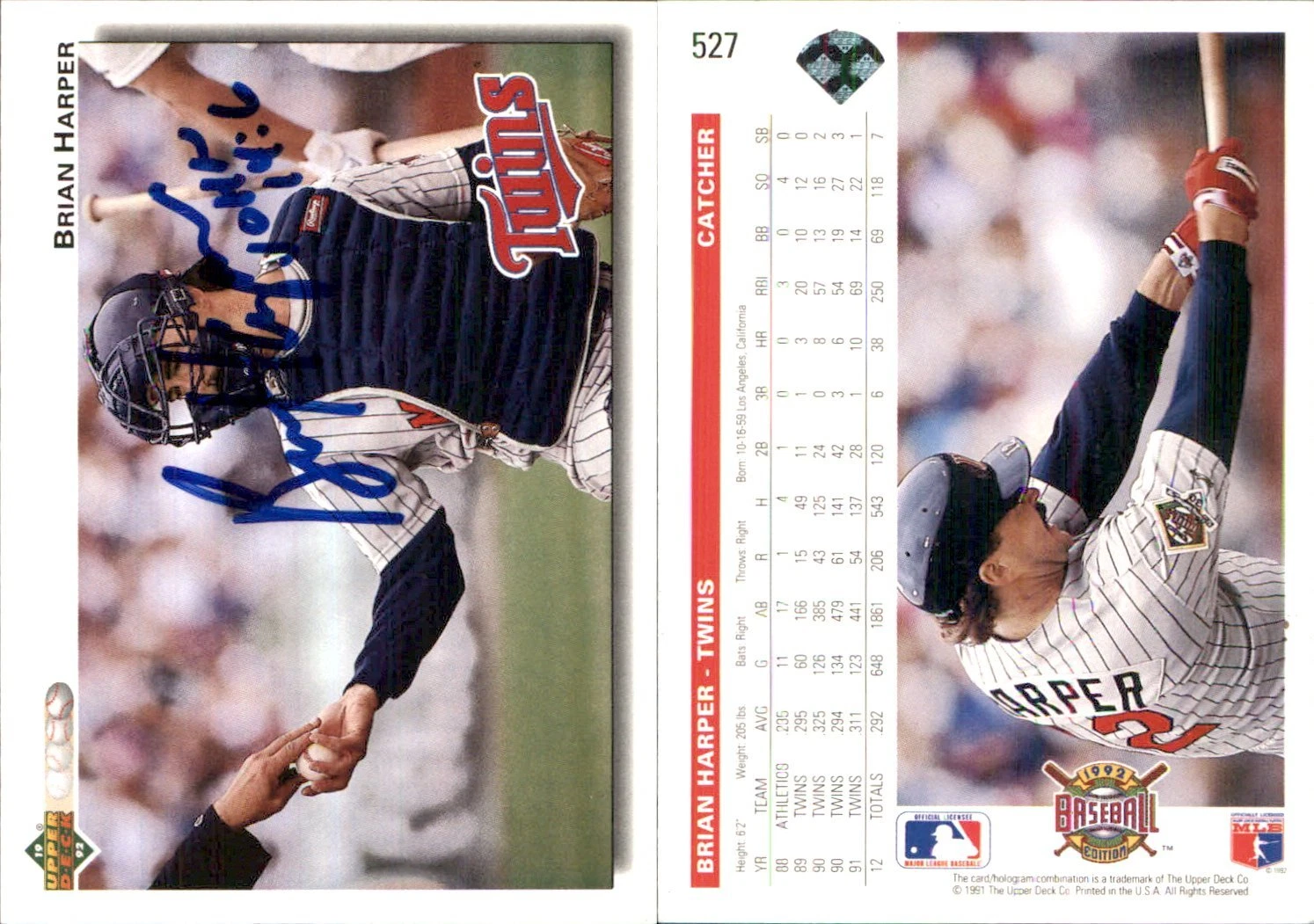 Brian Harper Signed 1992 Upper Deck #527 Card Minnesota Twins Auto AU