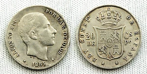 ALFONSO XII 20 CENTAVOS DE PESO 1884 MANILA VF/MBC SILVER/PLATA 5 g. ESCASA - Imagen 1 de 1