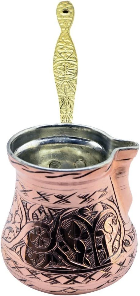 Cafetera griega turca de cobre grabada de alta resistencia cafetera Cezve Foto 1 de 2