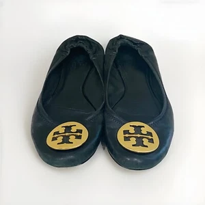 TORY BURCH Reva Shoe Ballet Flat Brown Leather 7.5 Gold Logo - Picture 1 of 5