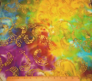 Batik Fabric 2/3 Yard Swirls on Purple Yellow Blue Green Premium Cotton #19 - Picture 1 of 2